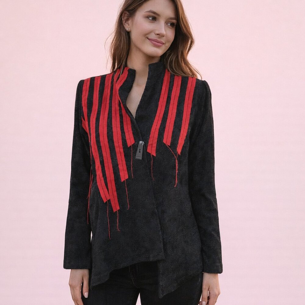 A La Mode by XIAO Women's Artsy Wooden Button Crop Blazer Black Red